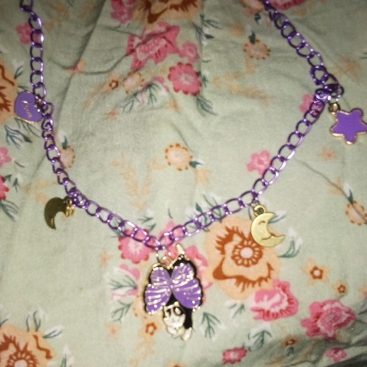 Purple Butterfly Cat Charm Necklace With Moon And Star Accents